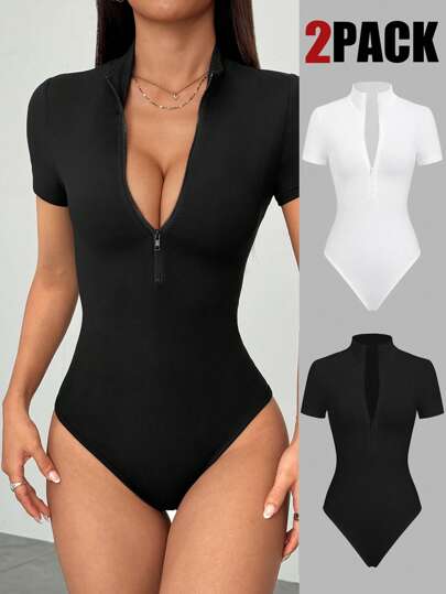 Flirla 2pcs Black & White Short Sleeve Zip Up Stand Collar Bodysuit, Stretch Soft Fabric, Chic Minimalist Casual Sporty Design For Spring/Summer