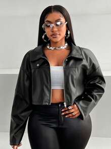 Maweii 大码女式性感短款 PU 皮夹克，长袖，音乐会 - 黑色 - 查看 3