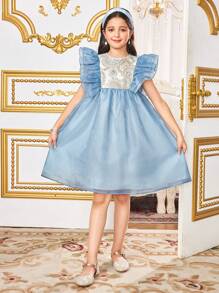 SHEIN Tween Girls Ruffle Patchwork Bowknot Back Organza Dress - Blue - View 7