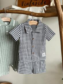 Vintaside Kids Baby Boy Holiday Outfits Christmas Casual Outfits Summer Two-Color Black And White Checkered Short-Sleeved Shirt Shorts Two Suits, Lapel Design Adds A Sense Of Formality