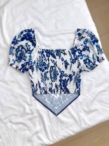 SHEIN Teen Girls Asymmetrical Hem Square Collar Vacation Shirt With Plant Print - Blue and White - View 2