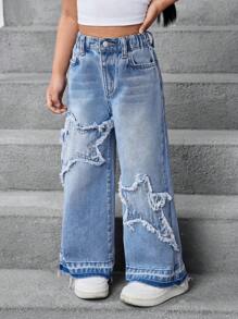 SHEIN Young Girls' Y2K Casual Everyday Ripped Star Embellished Blue Denim Jeans, Minimalist Style,Kid Girls Spring And Summer Casual Vacation Wear