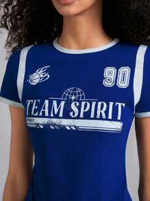 Easelle 徽标印花撞色 T 恤 - 藍色 - 查看 3