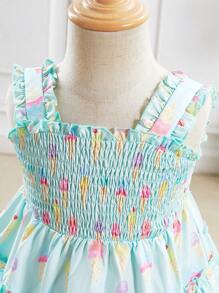 Fern Glow Baby Girl Cute Summer Ice Cream Pattern Ruffle Trim Dress - Multicolor - View 3