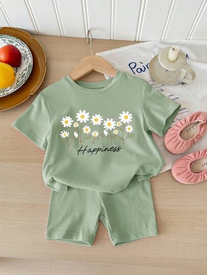 SHEIN Happikins Baby Girl Casual Minimalist Short Sleeve Shorts Set, Suitable For Summer