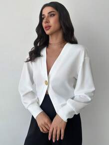 SHEIN Privé New White Top Rose Metal Button Ladies Open Cardigan Jacket - White - View 5