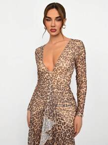 Aloruh Women's New Mesh Leopard Print Tight Long Sleeve Deep V Waist Ruched Ruffled Trim Elegant Fitted Jumpsuit Dress