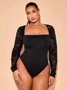 SHEIN BAE Plus Size Women's Elegant Black Lace Patchwork Sheer Long Sleeve Bodysuit,Formal Autumn Evening Night Out Club Outfit, Party Wedding Daily Wear - Black - View 7