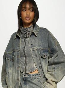 MISSGUIDED Chaqueta vaquera tipo camionero clásica, con estilo vintage, de corte holgado, construcción con pinzas, cierre con botones, para otoño e invierno, casual, de moda streetwear