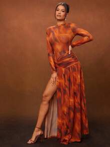 Hauture 冬季女装，女士性感优雅修身棕色抽象印花网眼连衣裙，高开衩长袖，长裙，超长裙。适合约会之夜、音乐会、表演、婚礼、派对、俱乐部、晚会、正式礼服