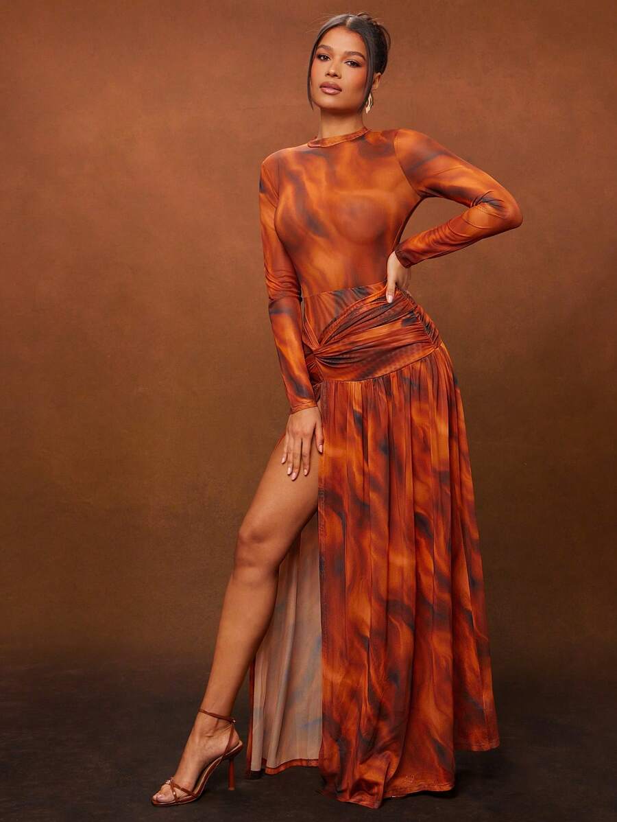 Hauture 冬季女装，女士性感优雅修身棕色抽象印花网眼连衣裙，高开衩长袖，长裙，超长裙。适合约会之夜、音乐会、表演、婚礼、派对、俱乐部、晚会、正式礼服