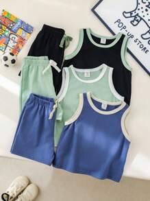 SHEIN 6 Pieces Baby Boys Set: Solid Color Knit Soft Round Neck Sleeveless Top And Elastic Waist Shorts For Boys And Girls - Multicolor - View 5