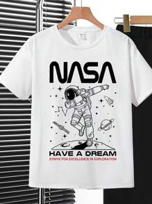 SHEIN Leap Crew Tween Boy Casual Simple Astronaut Pattern Short-Sleeved Trousers Two Pieces Suit Suitable For Summer - Black and White - View 3