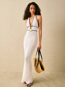 Poéselle Women Deep V Hollow Design Sexy Halter Knit Dress,Vacation Outfits Woman,Beach Vacation Outfits,Summer Outfits For Women,Beach Cover Up Women - White - View 1