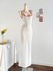 Soleia New Vacation Knitted Rib-Knit Design Contrast Color Sleeveless Cami Dress, Casual Resort Western Beach Wedding Guest Outfit, Spring/Summer Graduation Brunch, St. Patrick's Day Spring Break, Easter Music Festival, Elegant Bohemian Tropical