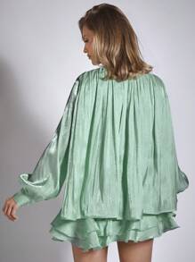 COSMINA 2pcs Women Elegant Solid Color Ruched Lantern Sleeve Blouse And Skirt Set - Green - View 2
