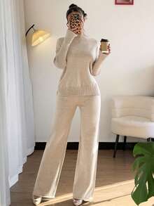 Firerie 秋冬优雅休闲燕麦色卡其色高领宽松针织毛衣直筒裤两件套 - 卡其色 - 查看 7