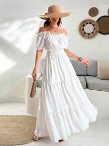 EURMUSE A Line Dress Puff Sleeve Front Knot Ruched Bust Hem Dress - White - View 4