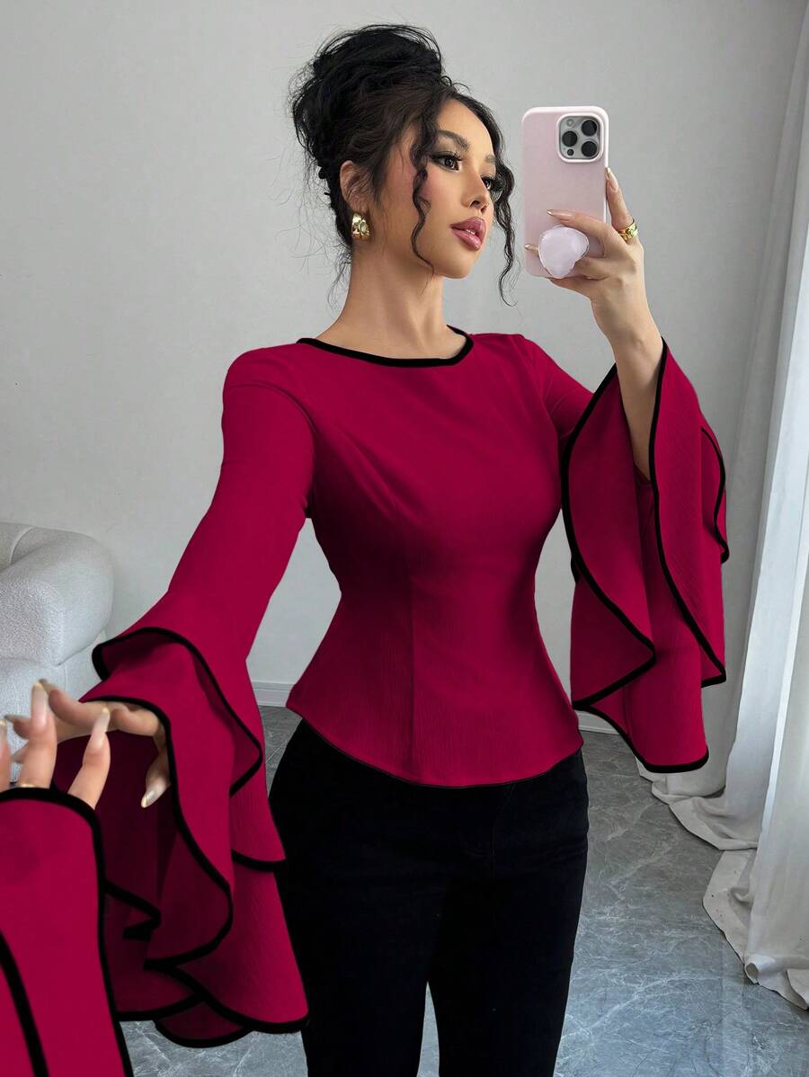 Elenzga Design Sense 圆领直肩长款喇叭袖双层彩边女式收腰衬衫