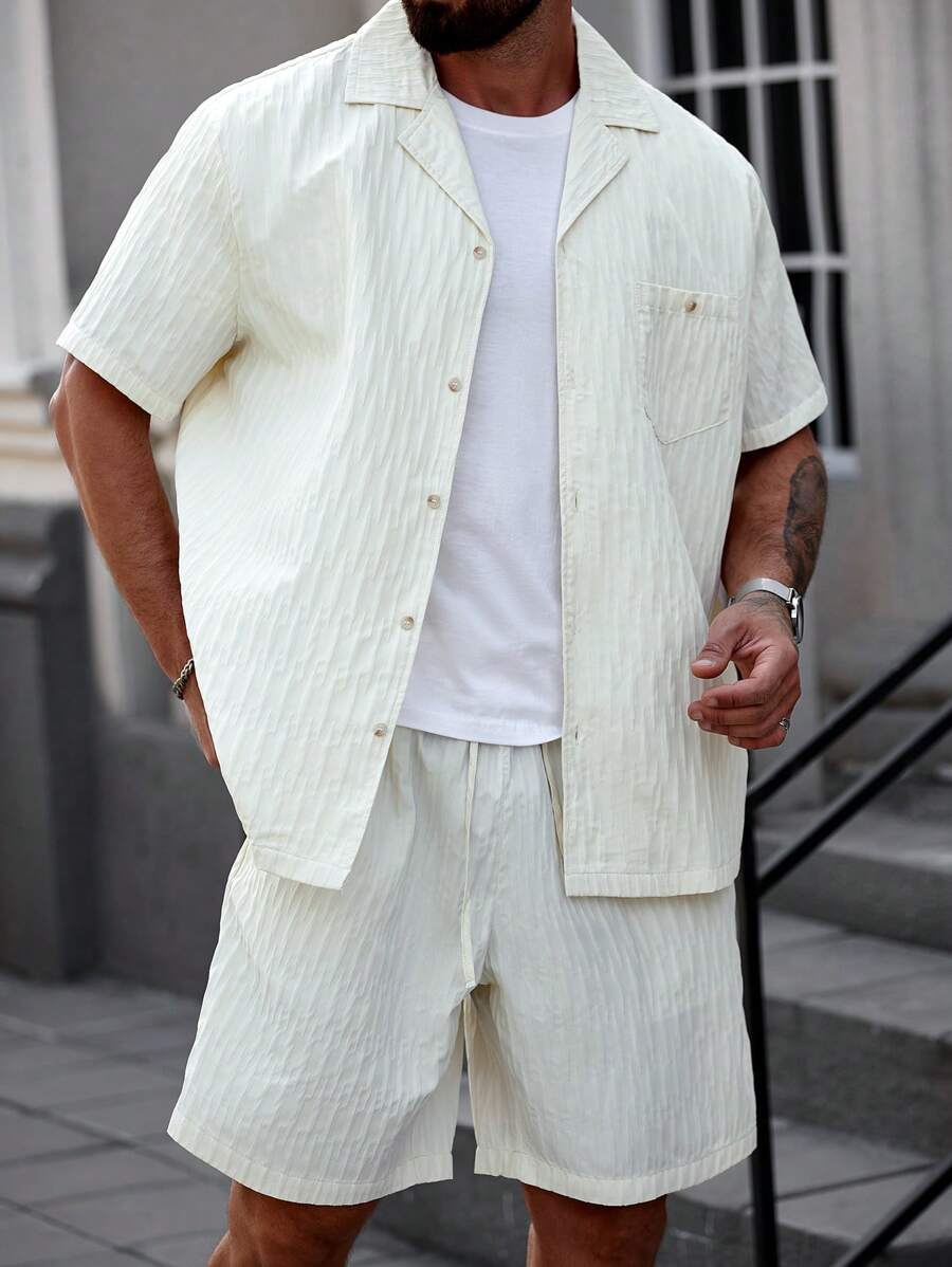 Manfinity Homme Plus Size Men's Simple Casual Short Sleeve Shirt And Shorts Set, Fashionable For Daily Wear - Beige - View 1