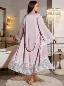 LuxeNights Women's Contrast Lace Pajama Set, Minimalist Fashion Loungewear For Daily Wear, Fall Winter Clothes - Baby Pink - View 2