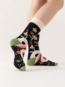 ROMWE Grunge Punk Women Plant Snake Pattern Fashion Mid-Calf Socks - Multicolor - View 3