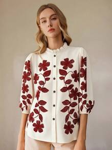 SHEIN Clasi Women's Floral Pattern Frill Sleeve Single-Breasted Blouse - Burgundy - View 4