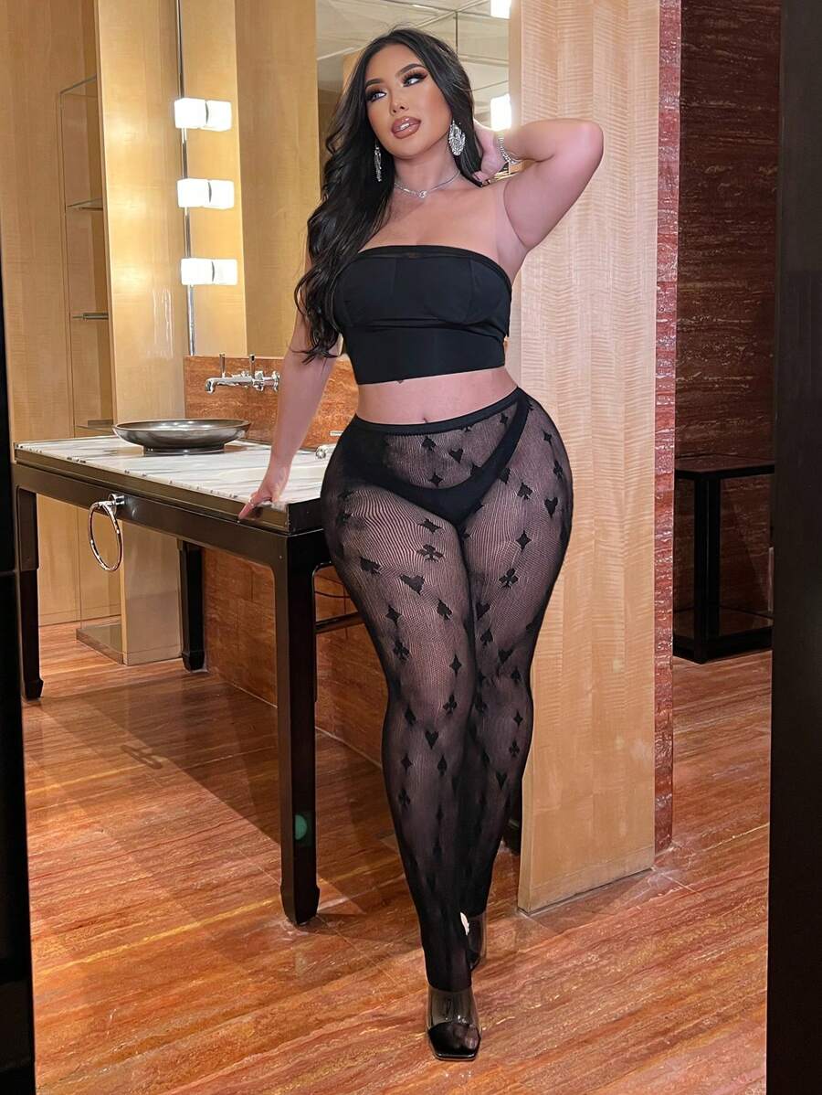 Flirla Plus Size Women Heart Fishnet Sheer Black Leggings Fall Cloth For Women