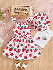 Bộ váy tay lỡ in họa tiết quả dâu tây cho bé gái + mũ + thắt lưng - Đỏ - Xem 2