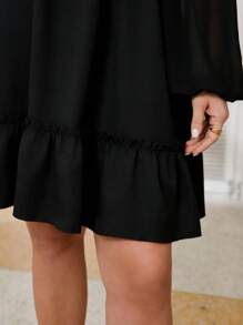 SHEIN Frenchy Plus Size Women's Tied Back Waist Patchwork Fabric Casual Black Dress - Black - View 7