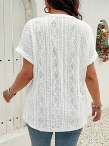 Breezaya Plus Size V-Neck Button Accent Raglan Short Sleeve Jacquard Simple T-Shirt - White - View 2