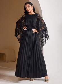 Veilorie Women's Solid Color Lace Patchwork Casual Mid-Length Dress - Black - View 5