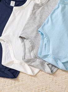 SHEIN 4pcs/Set Cute Simple Solid Color Round Neck Short Sleeve Knitted Bodysuit Set For Baby Boy&Girl, Suitable For Summer - Multicolor - View 5