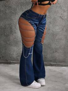 SHEIN ICON Women's Front Buttons Pocket Hollow Casual Jeans - Blue - View 3