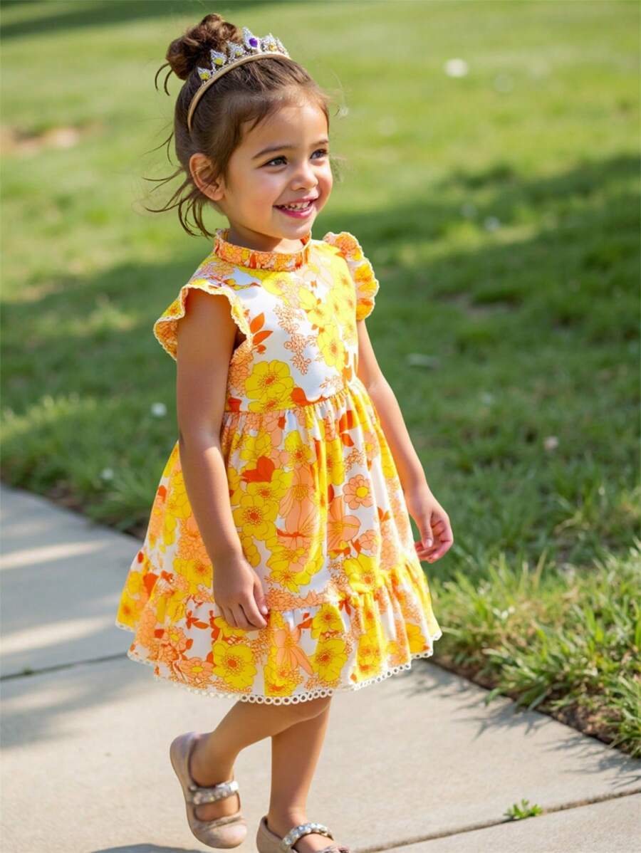 Vestido de niña con cuello de gota con volantes elegantes, sin mangas, de patchwork con lunares y estampado floral pequeño, adecuado para uso al aire en el campo - Amarillo - Ver 1