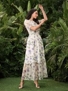 Modelyn Asymmetric Digital Printed Tiered Hem Short Sleeve Dress For Women - Multicolor - View 5