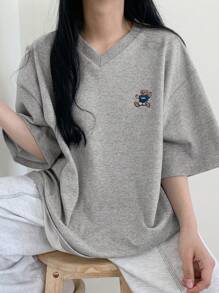 DAZY 女士V领宽松T恤，简约时尚休闲日常短袖 - 灰色 - 查看 4
