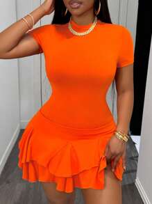 Slaydiva Summer Casual Round Neck Ruffle Trim Fitted Mini Bodycon Dress, Unique Fashion Style - Orange - View 3