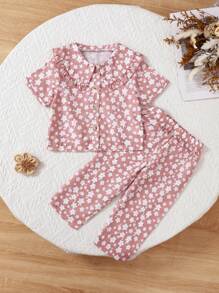SHEIN 2pcs Baby Girls Floral Print Knitted Cardigan With Ruffle Collar And Long Pants Comfy Homewear Set - Dusty Pink - View 1