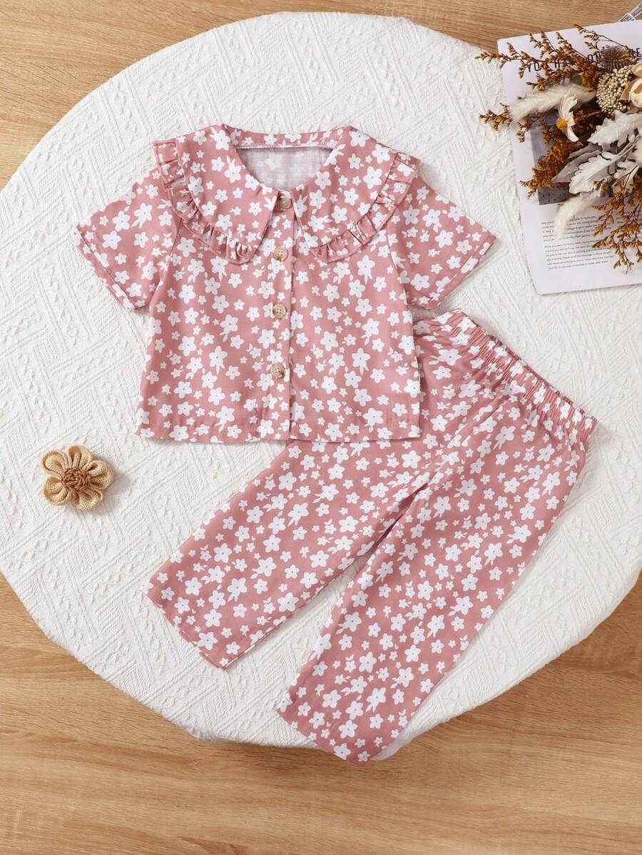 SHEIN 2pcs Baby Girls Floral Print Knitted Cardigan With Ruffle Collar And Long Pants Comfy Homewear Set - Dusty Pink - View 1