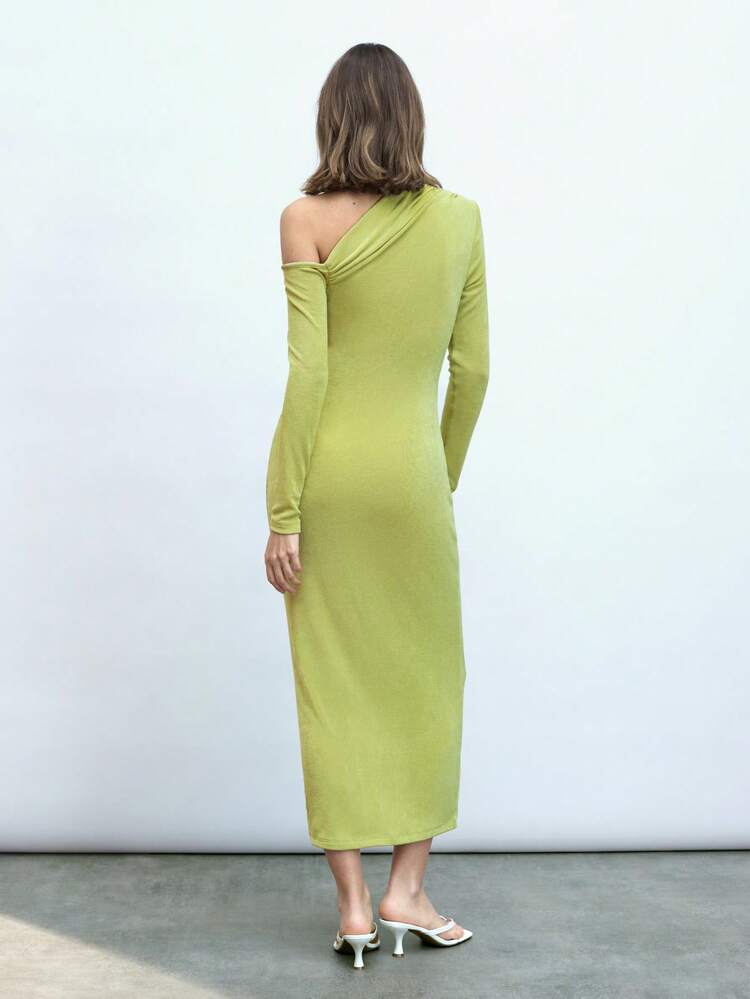 SHEIN Maija Green Asymmetrical Neck Ruffle Trim Fitted Mid-Calf Dress, Fashionable Minimalist Slimming Soft Comfortable Versatile Elegant Ladies Spring/Summer Dress, Suitable For Holidays