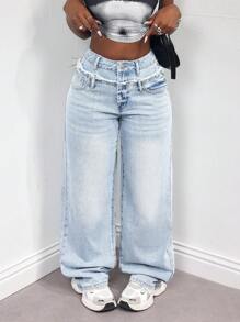 SHEIN Slayr Women's Front Button Pocket Frayed Edge Casual Denim Jeans