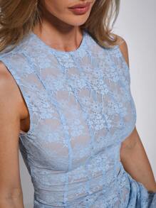 COSMINA 优雅女士蓝色蕾丝无袖中长连衣裙，适合春夏季