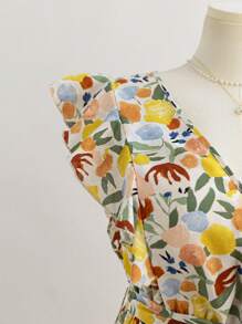 Soleia Plus Size Women's Spring Floral Print Tie-Waist Deep V-Neck Drawstring Vacation/Beach Midi Dress - Multicolor - View 5