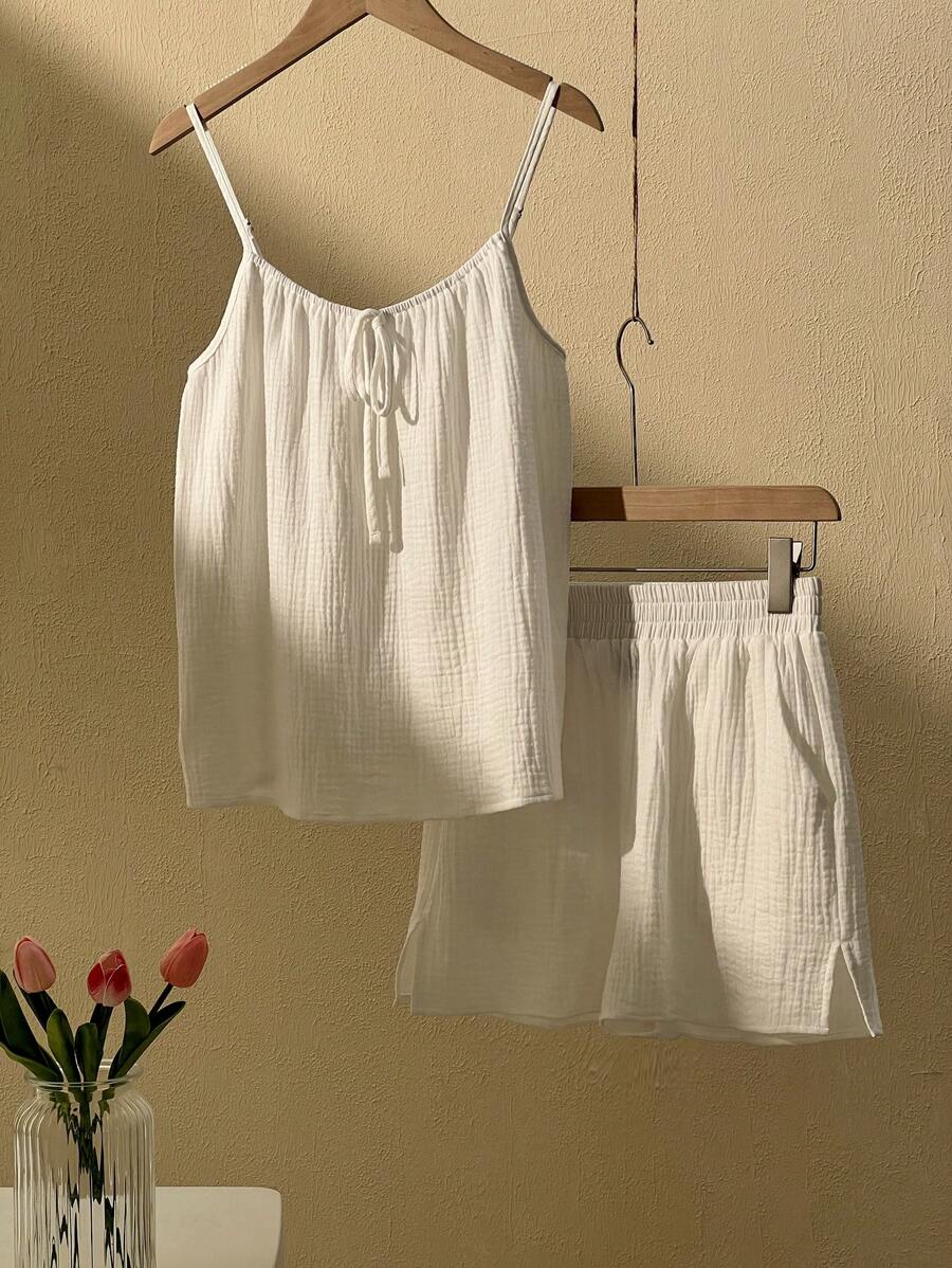 SHEIN Unity Vacation Casual Loose Textured Cotton Camisole & Shorts Suit For Women