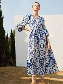 Aveloria Modichic European And American Style Elegant Luxury Elegant Lantern Sleeve V-Neck Cinched Waist A-Line Women Long Dress