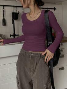 DAZY Casual All-Match Simple Solid Color Round Neck Long-Sleeved T-Shirt,Fall Clothes Long Sleeve Women Tops - Red Violet - View 3