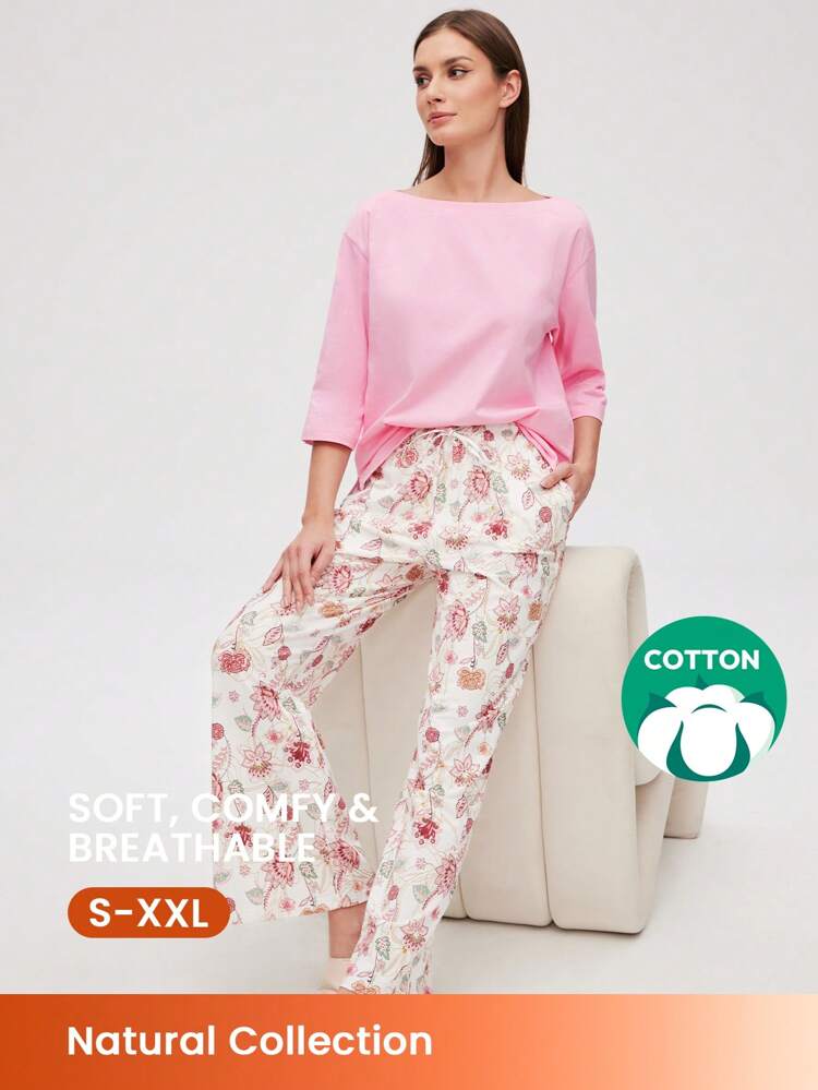Cotton Boatneck Top & Floral Print Pants PJ Set