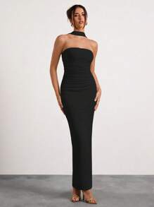 Glamine 米色露肩褶饰挂脖长裙、节日派对狂欢裙、约会夜服装、女士生日服装、情人节连衣裙 - 黑色 - 查看 4