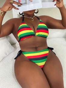 SHEIN Slayr CURVE Plus Size Women's Colorful Striped Print Halter Tie Bikini Set, Sexy Vacation Style Two Pieces Swimwear - Multicolor - View 5